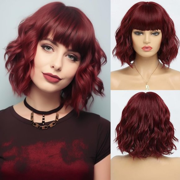12 Inche Women Synthetic Short Burgundy Wine Red Bob Water Wave Wig - Picture 1 of 7